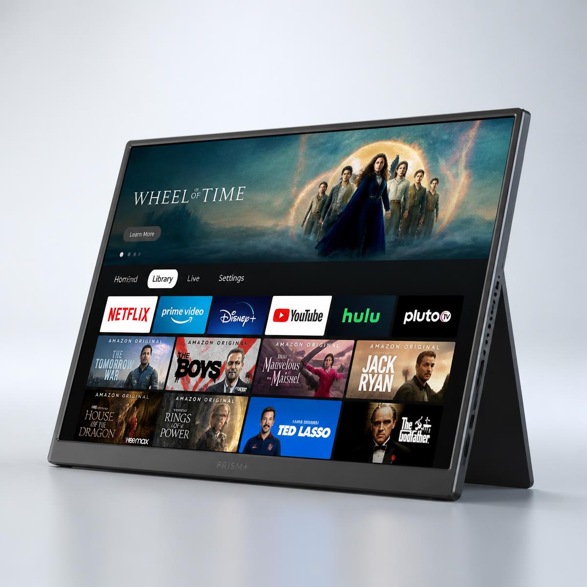 Portable 4K Smart TV on its kickstand showing streaming apps